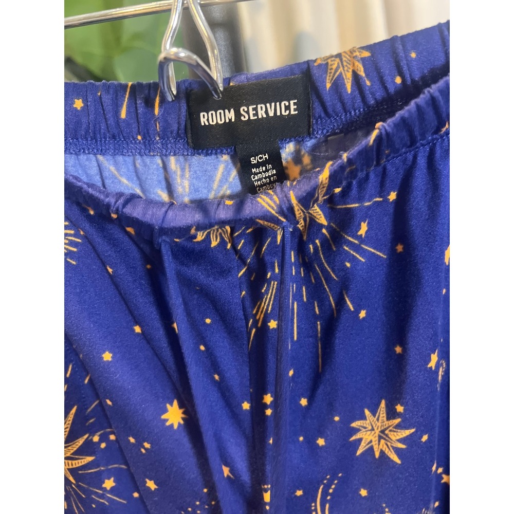 Room Service Women Blue Gold Celestial Pajama Set Moon Star Sun Print Small - Picture 9 of 9